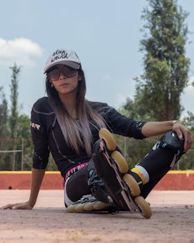 Young woman sitting on the ground in roller skates, enjoying a sunny day outdoors.