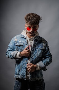 Portrait of a stylish young man wearing a denim jacket, hoodie, and sunglasses.