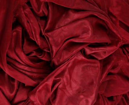 Close-up of luxurious red fabric with intricate texture and folds.