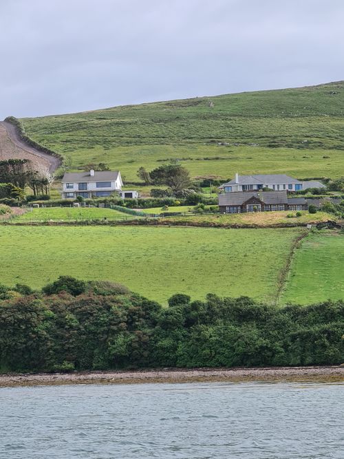 Free Charming houses nestled on a lush green hillside overlooking a tranquil body of water. Stock Photo