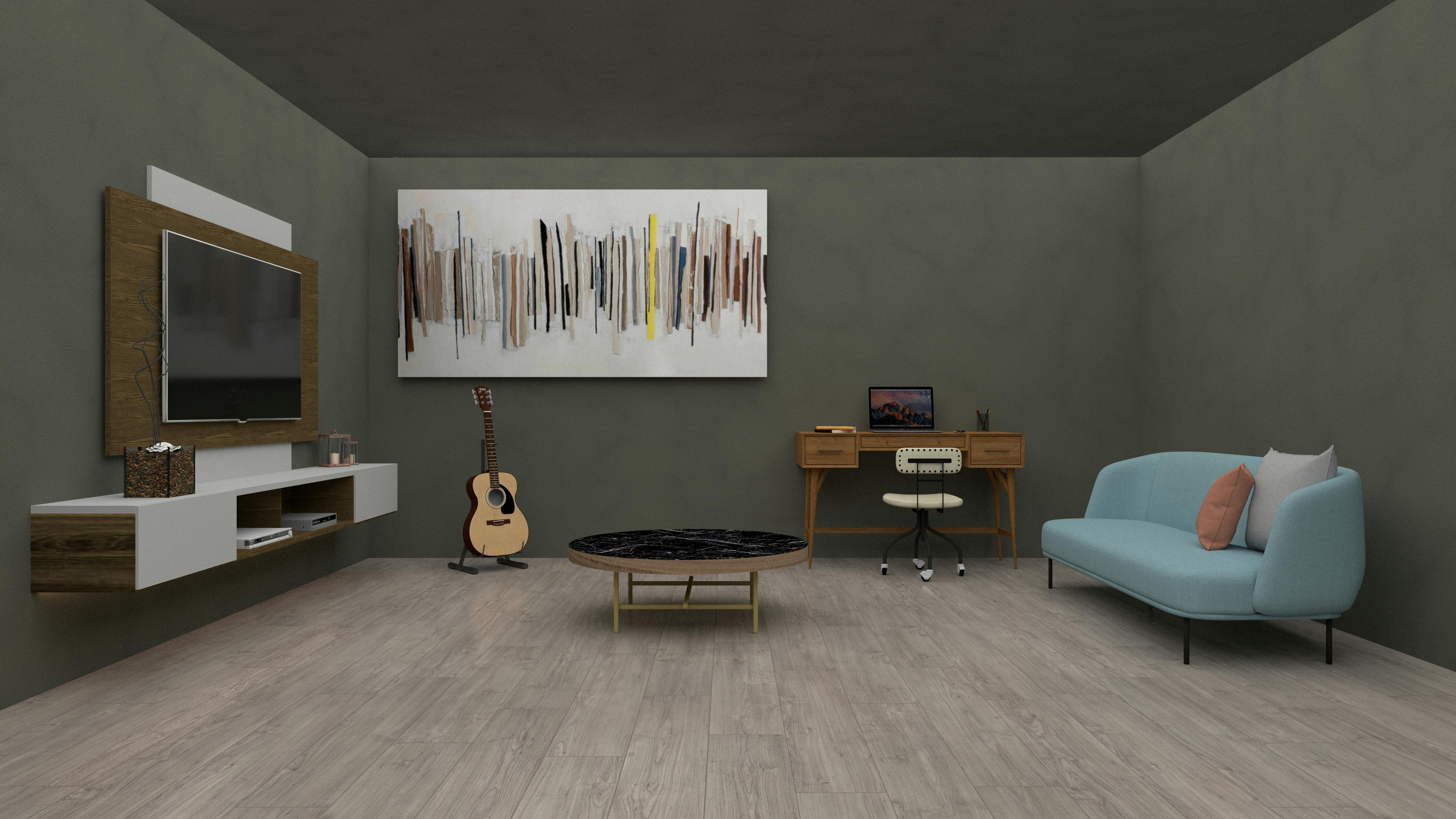 Cozy living room with regular furniture, couch, chair, coffee table, and TV