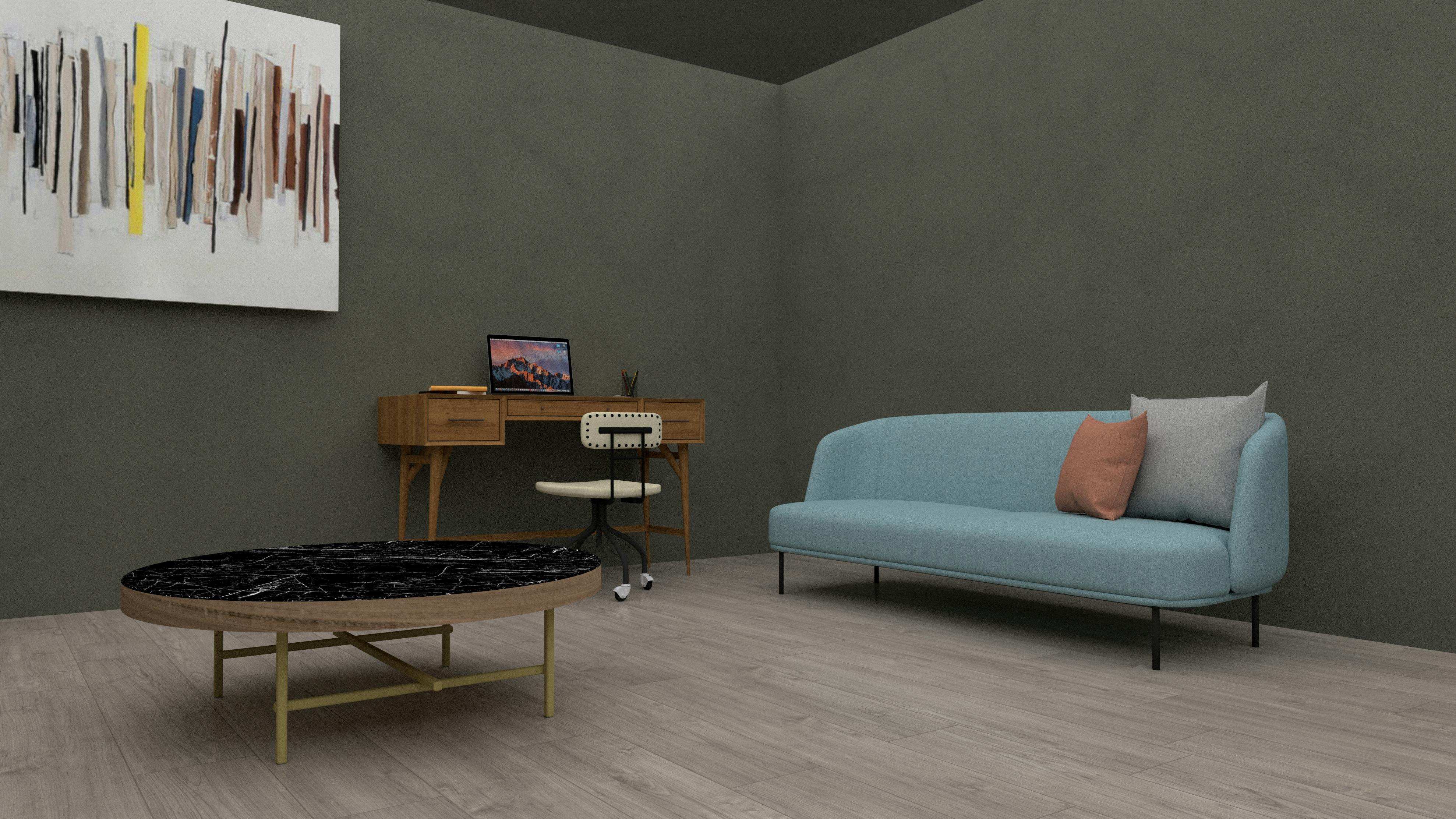 Stylish living room with a modern sofa, desk, and abstract art for a minimalist touch.