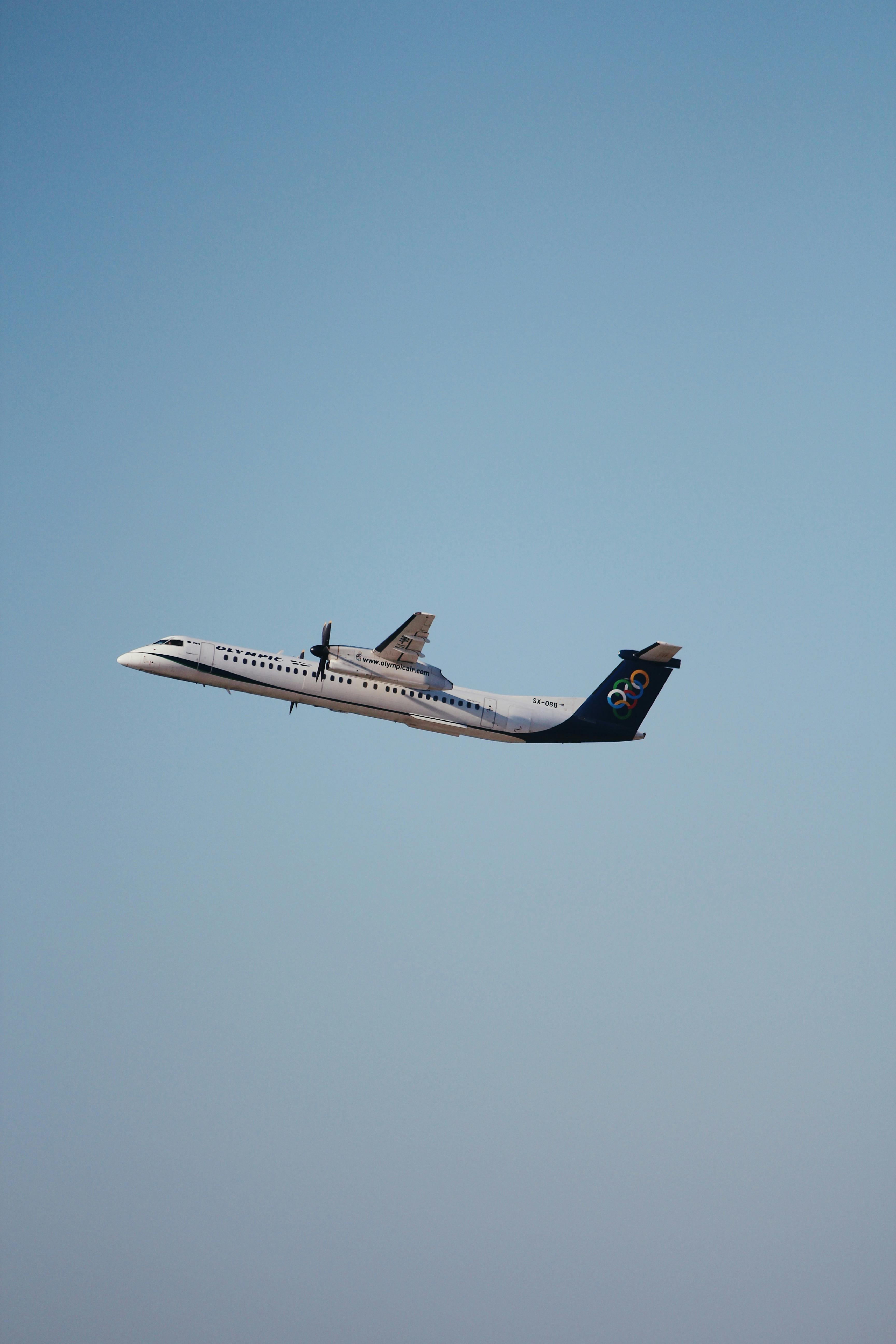 an airplane across the blue sky