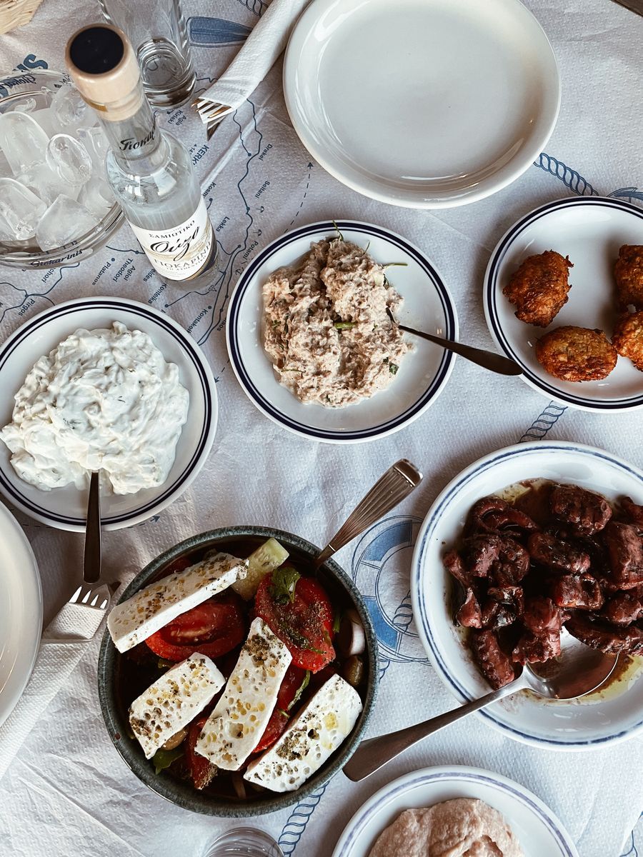 A Greek meze spread with ouzo
