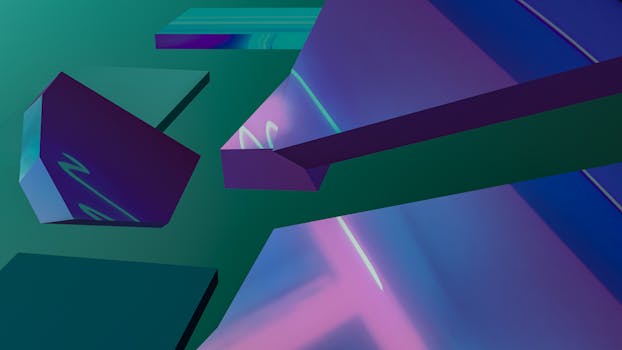 Vibrant abstract digital art using 3D geometric shapes and vivid colors.