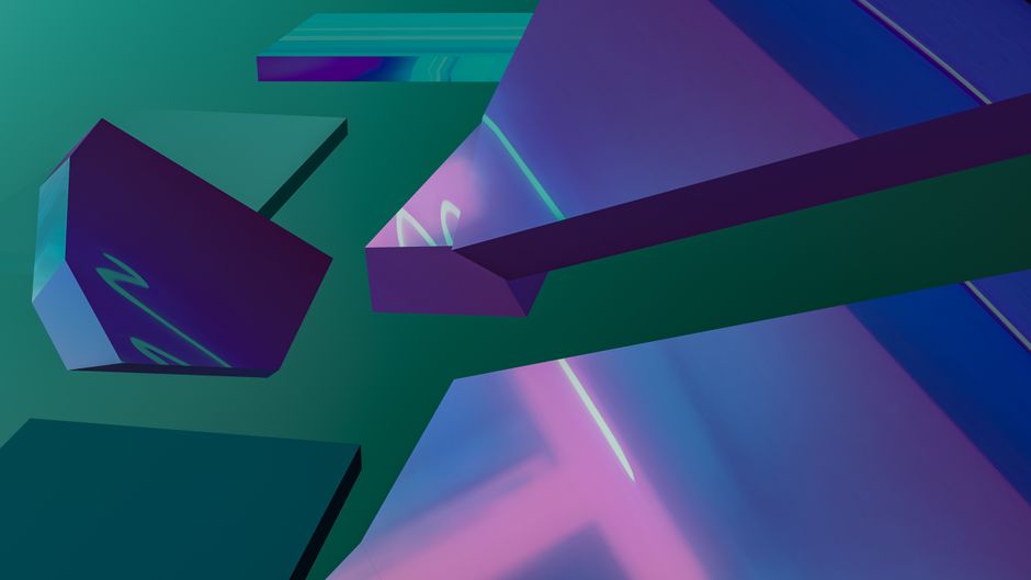 Vibrant abstract digital art using 3D geometric shapes and vivid colors.