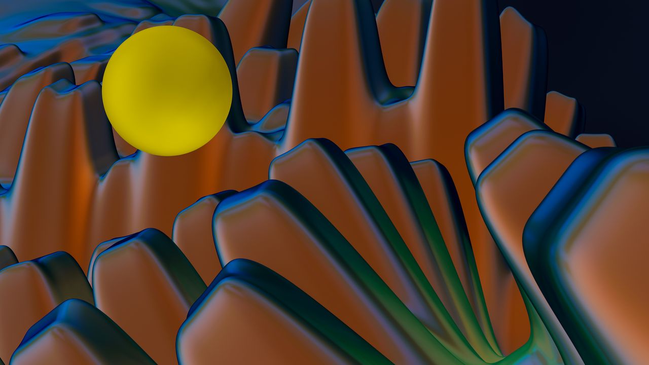 vibrant abstract 3d render with a yellow sphere atop stylized wave lik