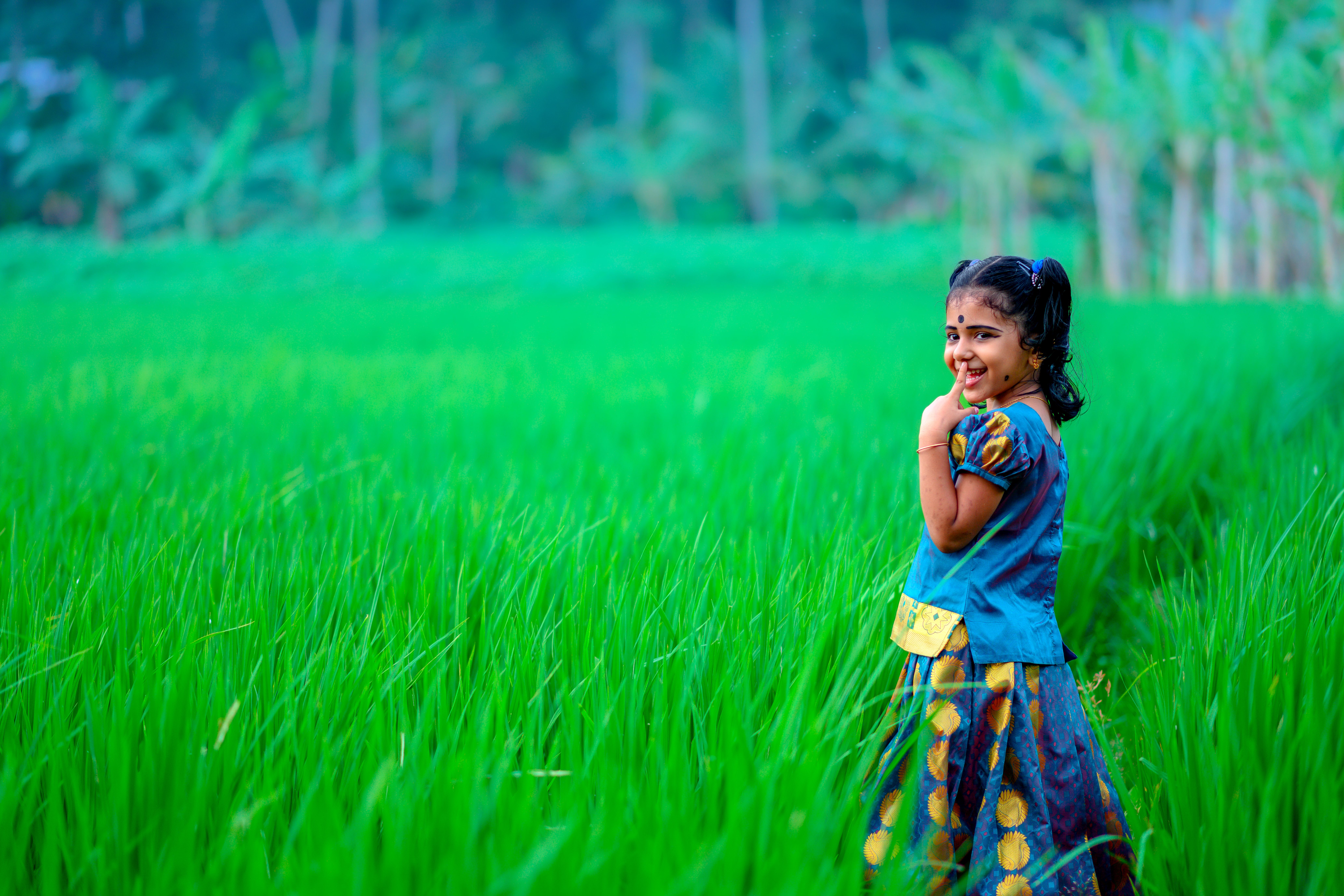 A Girl in Blue and Yellow Dress Standing on a Grassy Field · Free Stock