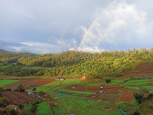 Aerial Photography of a Farm Land Under Blue Sky with Beautiful Rainbow