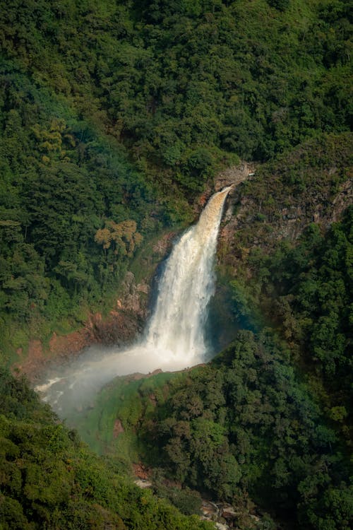 Aerial Shot of a Waterfall in Mountains Bewteen Trees