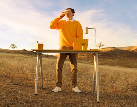 A man in a yellow sweater drinks coffee beside a desk in a sunny outdoor setting.