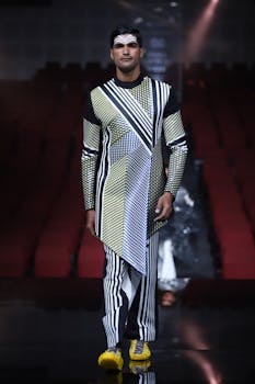 A model showcases avant-garde fashion on a runway with geometric patterns and bold design.