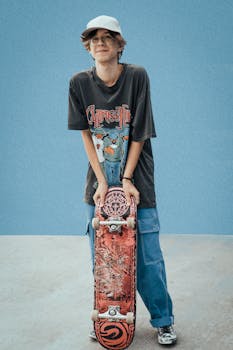 Teenage skater posing with a custom skateboard outdoors in Istanbul.