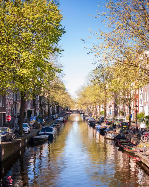 Free Stunning Amsterdam canal lined with boats and lush trees on a bright spring day. Stock Photo