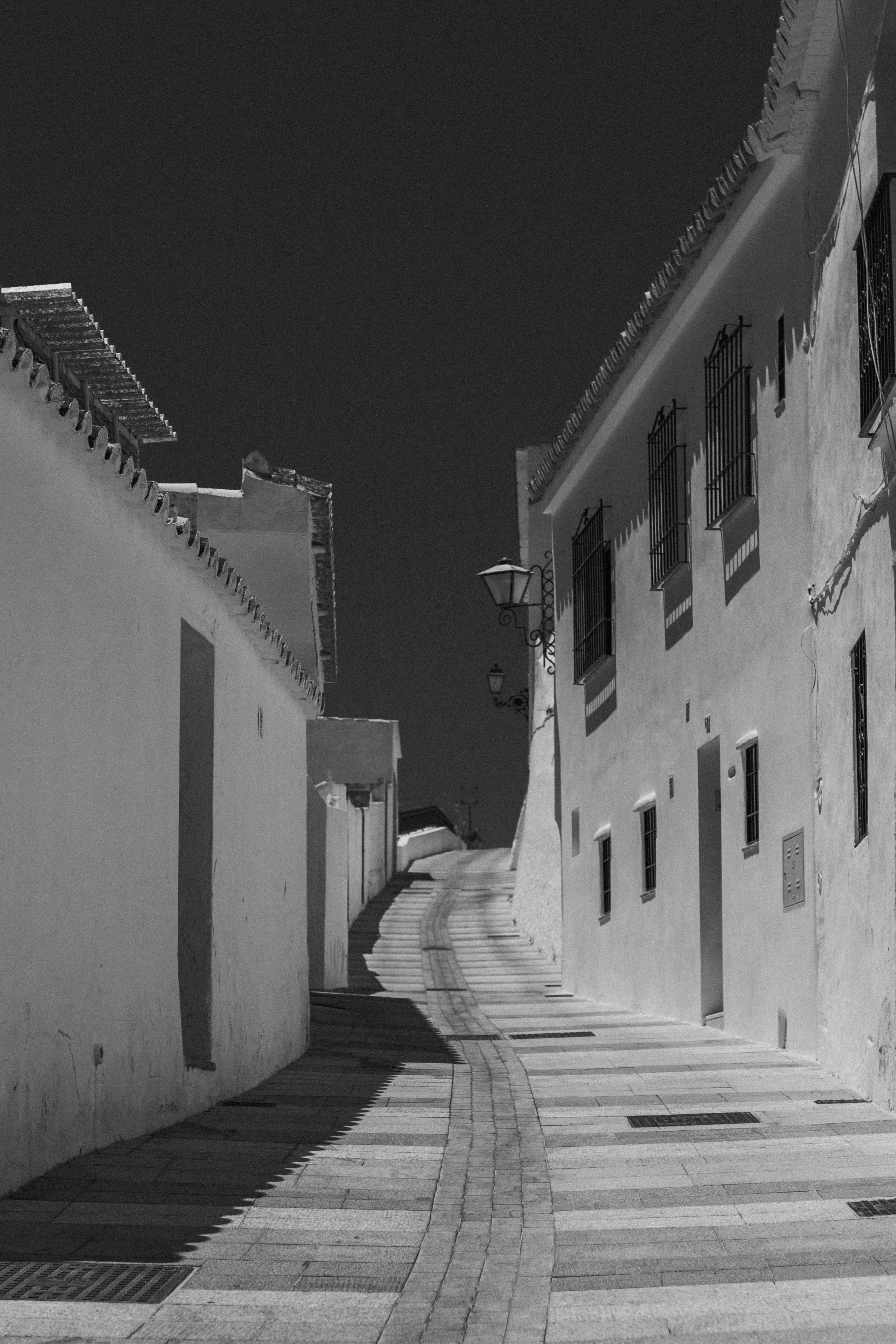 Grayscale image of a serene cobblestone alleyway with whitewashed buildings.