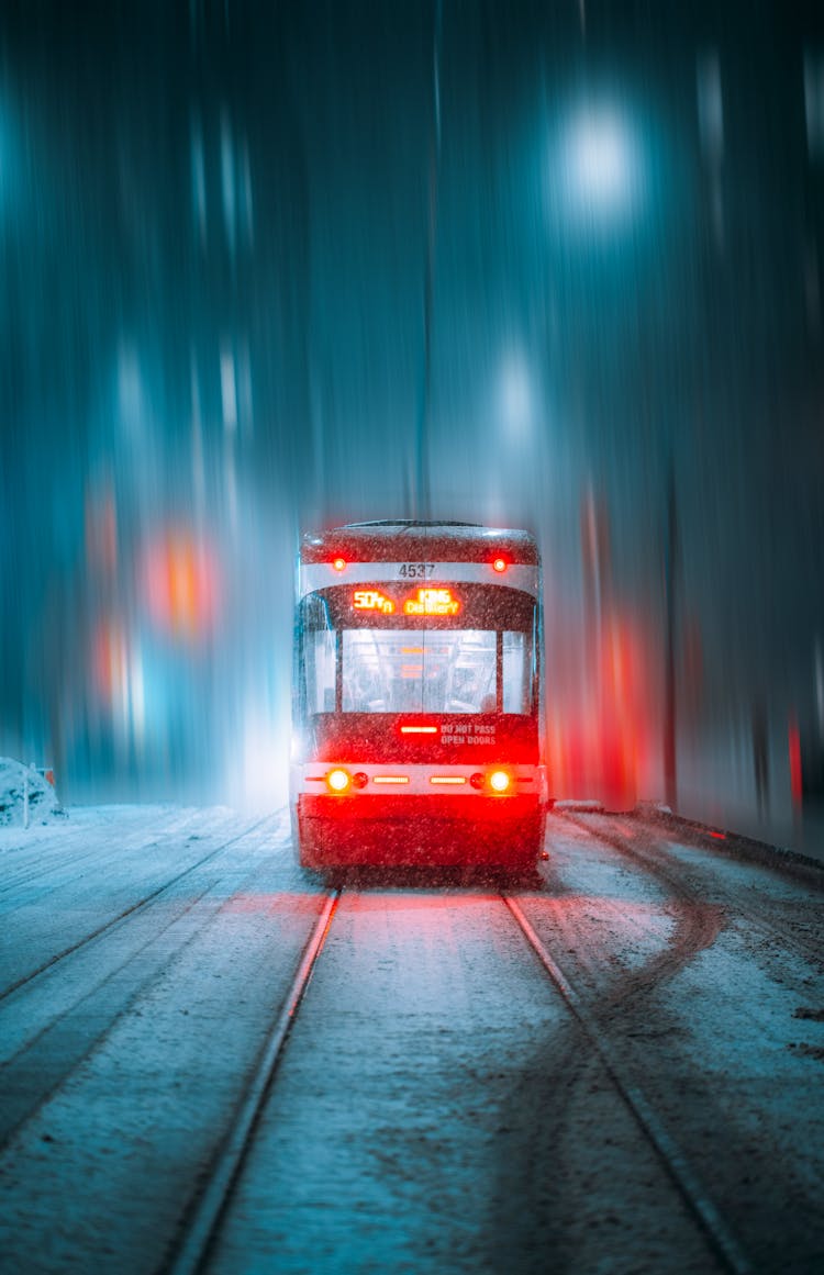 Tram In Toronto Canada On Snowy Night