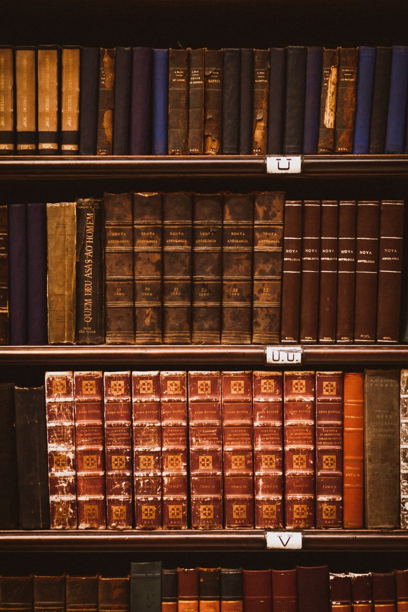 Rows of antique leather-bound books neatly arranged on wooden library shelves.