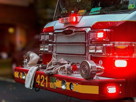 A detailed view of a fire truck bumper with hoses and equipment, showcasing emergency vehicle features.