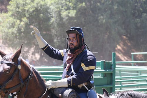 A Man in Black and Yellow Uniform Riding Brown Horse