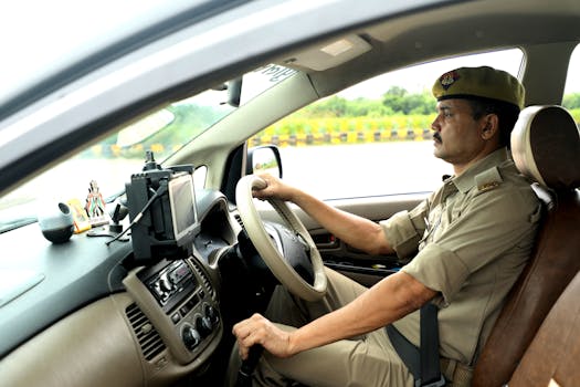 mobile government service - Indian police officer in uniform driving a patrol car, focused and attentive.