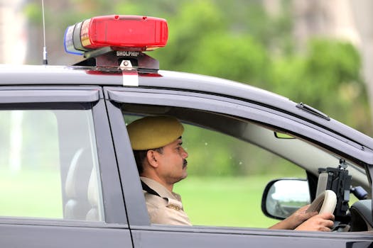 Side view of a police officer driving a patrol car with a visible siren outdoors.