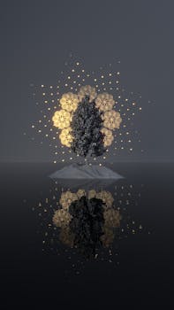 A black tree sculpture with a golden geometric halo on a reflective surface, creating a mystical and elegant effect.
