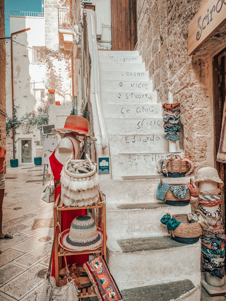 Straw Baskets On Stairs In Old Town Street