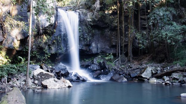 A tranquil waterfall cascades in a forest, surrounded by lush vegetation and rock formations.