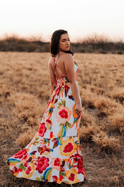 Tropical floral maxi dress at sunset