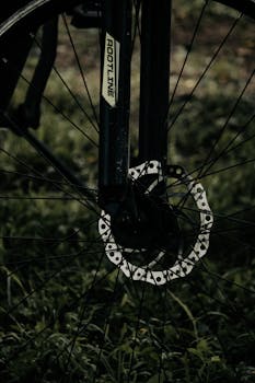 Detailed view of a bicycle wheel on grassy terrain in Pune, India, highlighting the rootline logo.