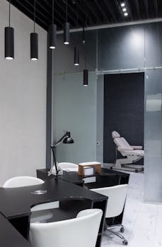 Contemporary salon interior featuring modern decor and functional design. Ideal for beauty and design themes.