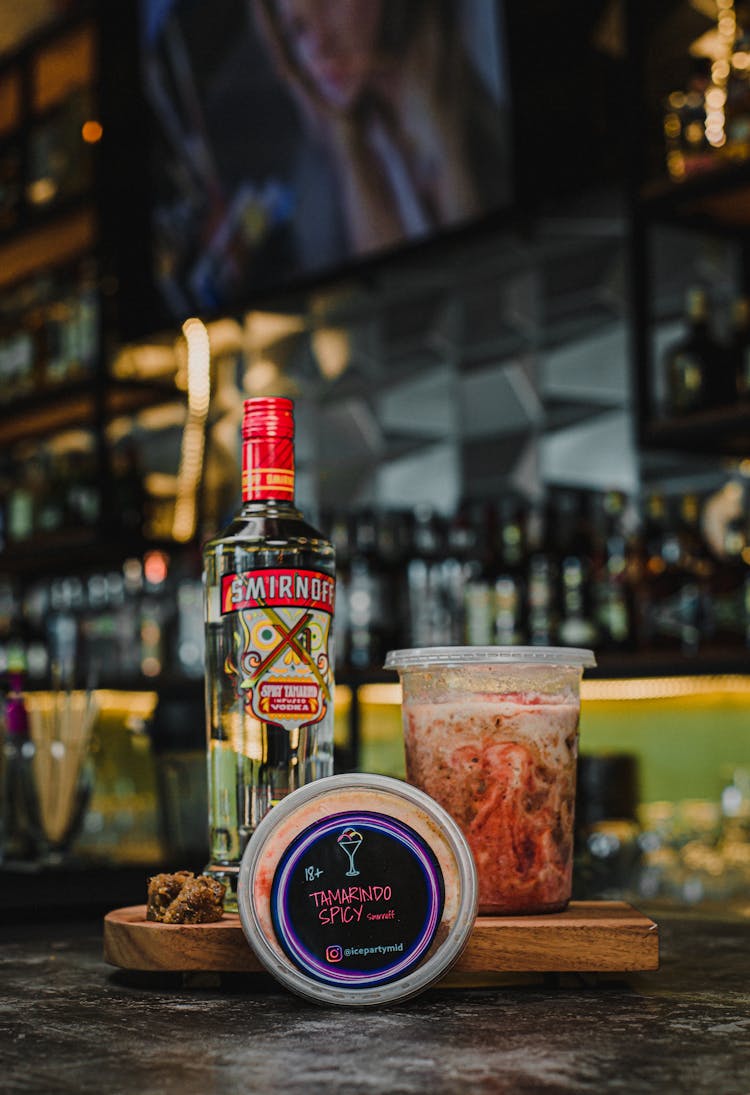 Alcohol And Food On A Bar Counter