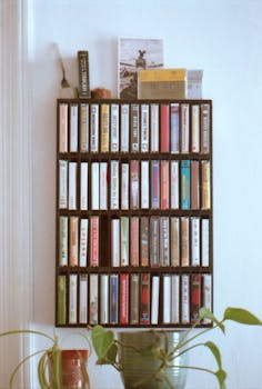 A vertical shot of a vintage cassette tape collection displayed on a wall shelf.