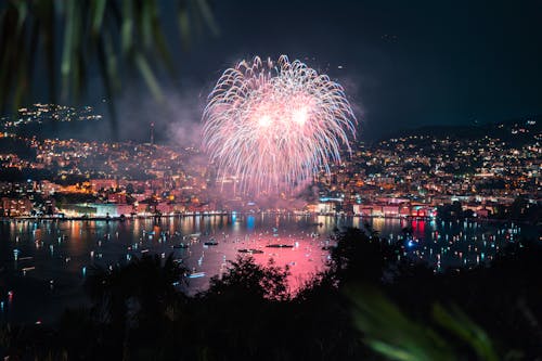 Fireworks Display over Body of Water at Night