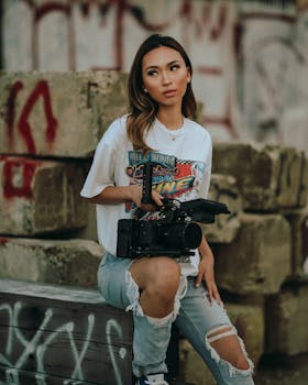 Stylish young woman with camera in casual outfit sitting against an urban graffitied backdrop.