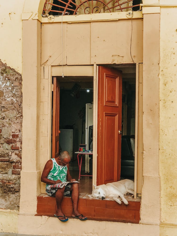 Elderly Man In Green Tank Top Reading Newspaper On Doorway Beside A Dog