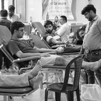 Men donating blood in a healthcare setting, grayscale photography.