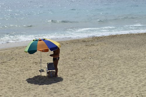 A Shirtless Man Standing on the Beach Under the Umbrella