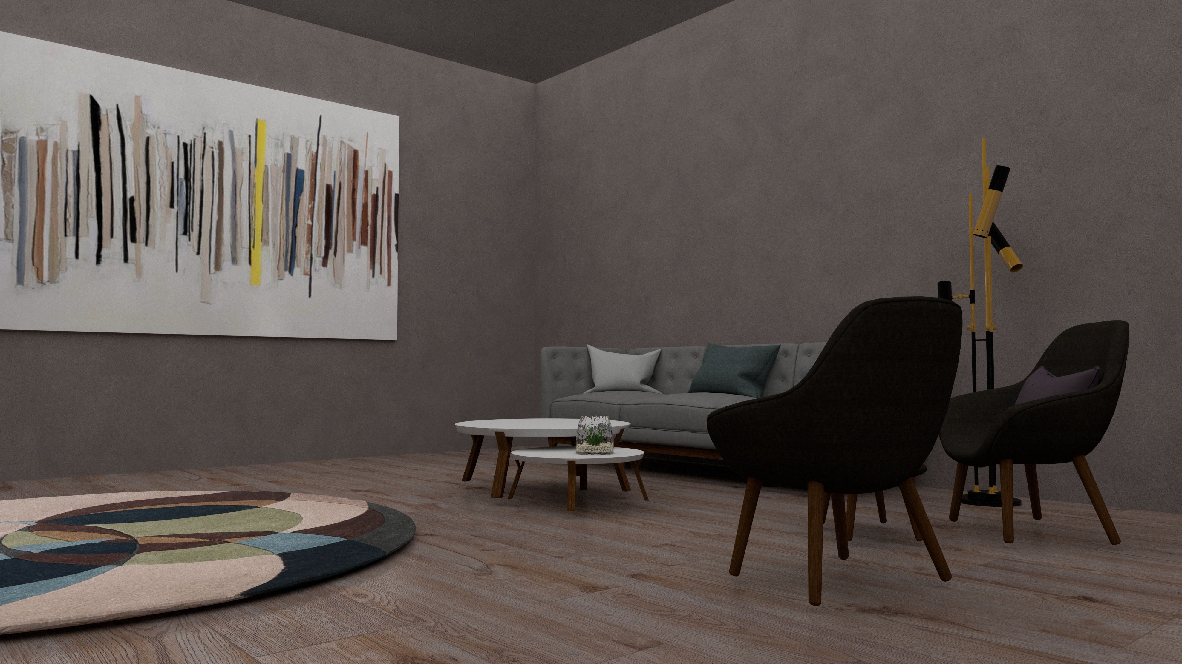 Modern ve şık bir şekilde dekore edilmiş salon duvarı üzerinde tablo ve dekoratif objeler.