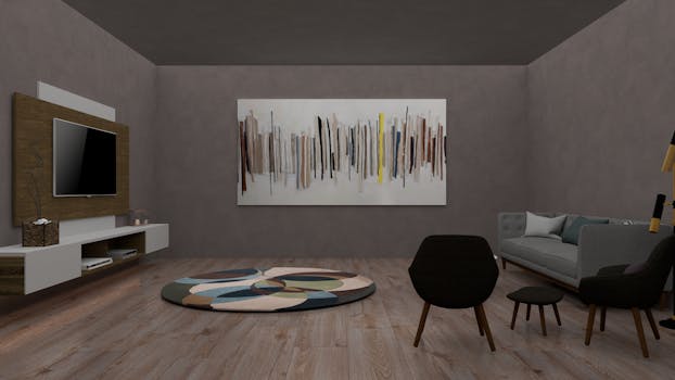 Contemporary minimalist living room with abstract art and modern furniture.