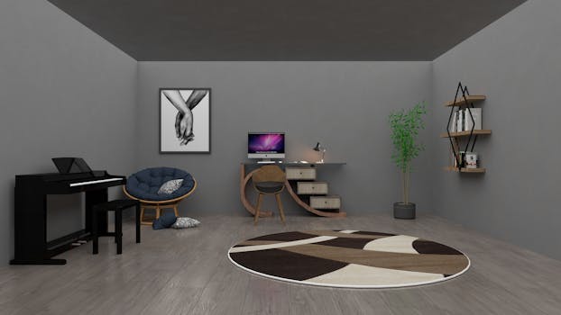 Stylish modern home interior with a piano, desk setup, and elegant decor.