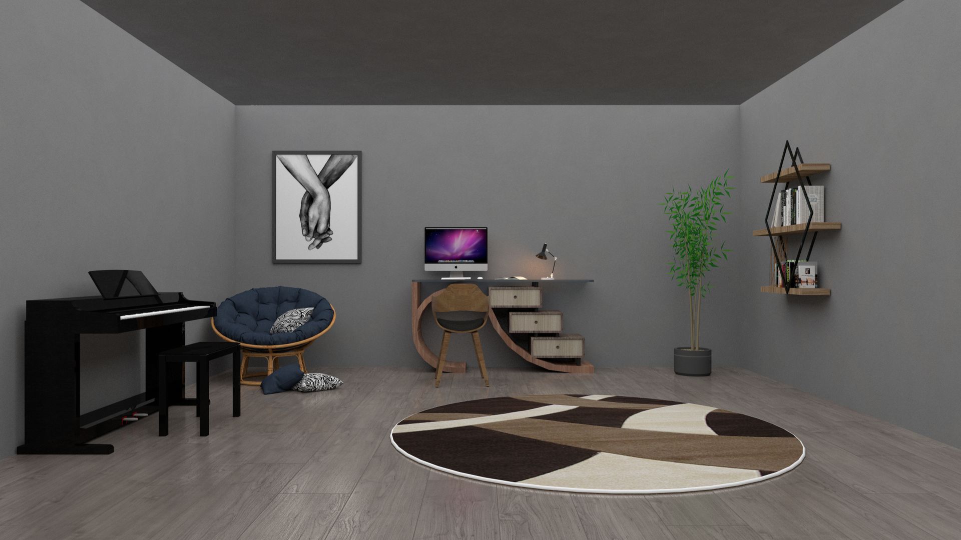 Stylish modern home interior with a piano, desk setup, and elegant decor.