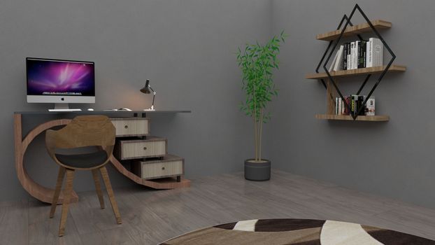 Modern minimalist home office with designer furniture, sleek desk, and indoor plant for a serene workspace.