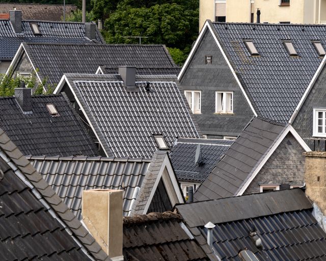 Gray rooftops from above Overhead view of gray tiled rooftops in a green neighborhood