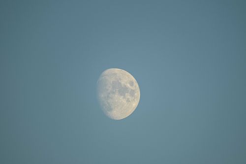 Free A clear view of the waxing gibbous moon against a blue sky, showcasing lunar surface details. Stock Photo