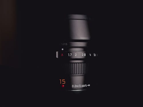 Close up low key photo of Panasonic Lumix G Leica 15mm lens on black background