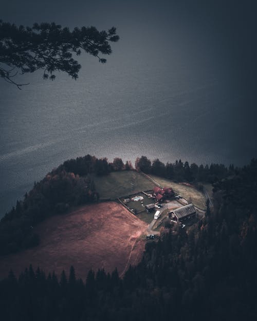 Aerial View of a House on a Cliff Surrounded by a Forest