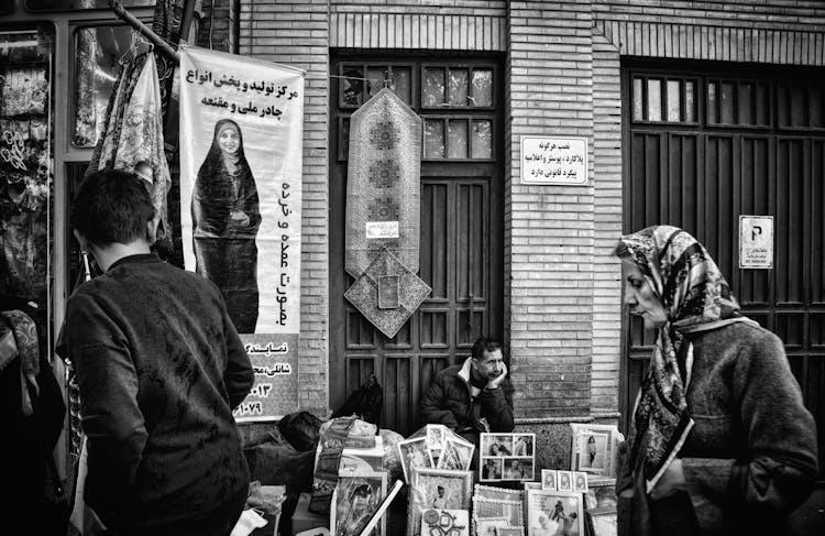 Black And White Photo Of Vendors On The Streets