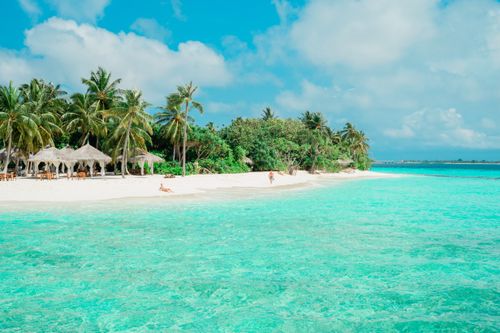 Free A beautiful tropical beach with turquoise water, palm trees, and white sand under a blue sky. Stock Photo