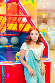 Vibrant image of a woman in denim overalls posing by a colorful arcade basketball game.